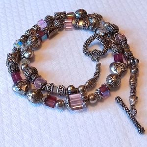Handmade Silvertone Bead and Crystal Necklace With Heart Shaped Toggle Closure